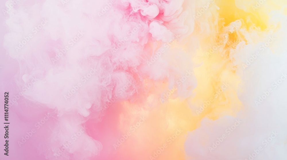 Poster pink and yellow ink mixing in water creating abstract colorful clouds with a beautiful gradient, per