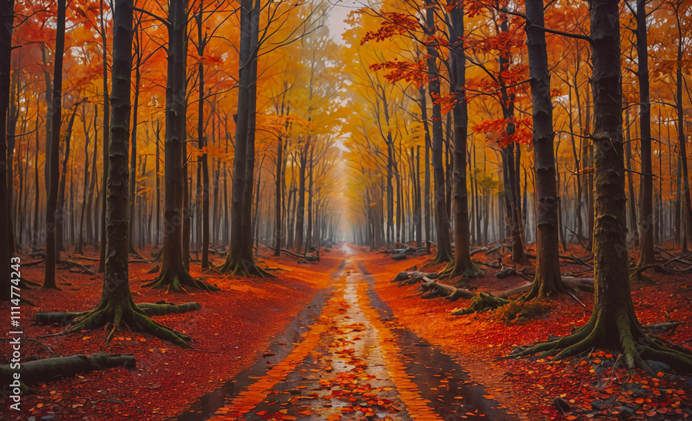 Aufkleber road in a forest with trees on both sides. the road is wet and covered in leaves