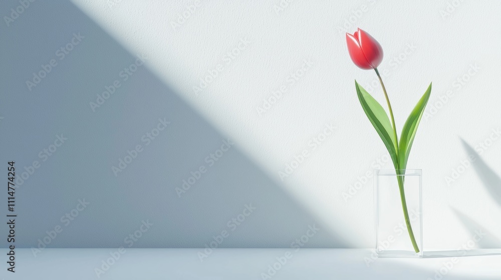 Poster minimalist composition featuring a single red tulip in a clear glass vase, placed on a white surface