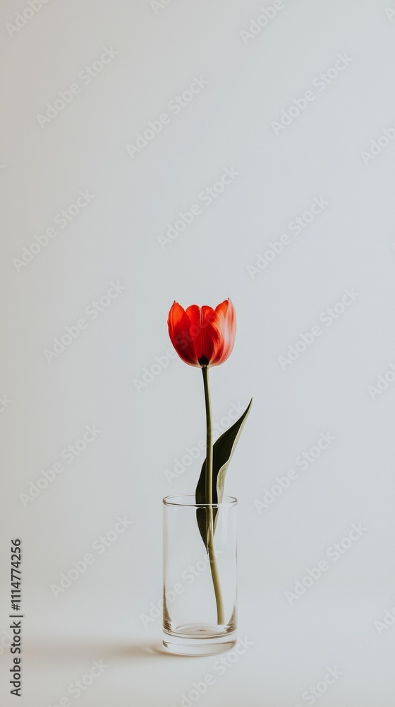 Aufkleber minimalist composition featuring a single red tulip in a clear glass vase against a simple white bac