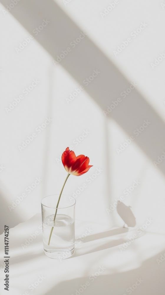 Poster red tulip with a vibrant green stem resting in a clear glass of water, casting gentle shadows on a w