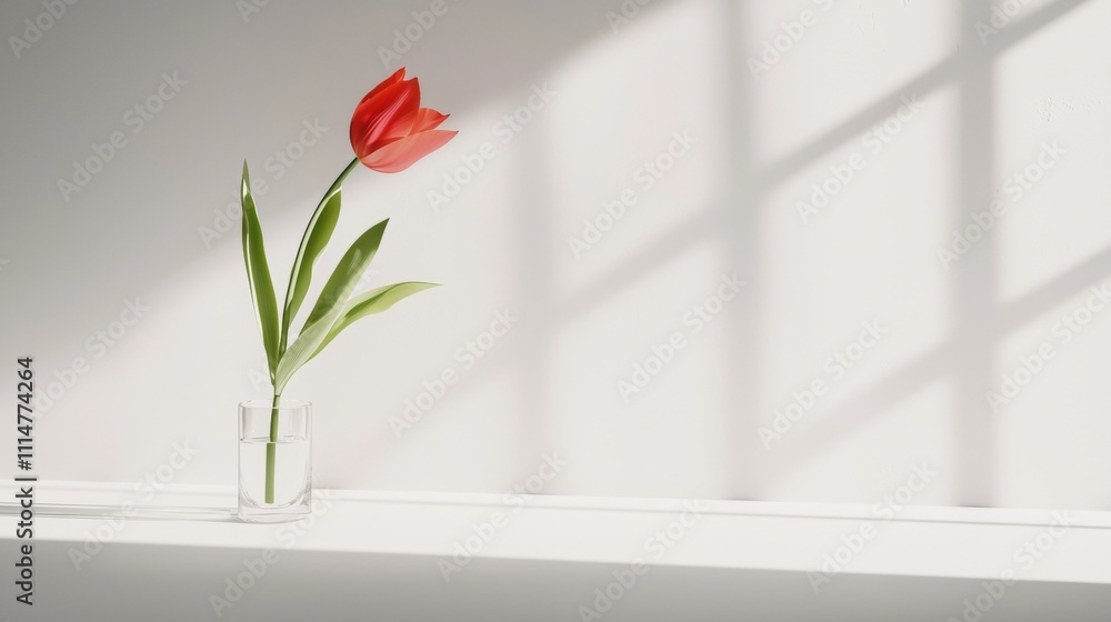 Poster elegant red tulip with green leaves standing in a transparent glass vase on a white surface with nat