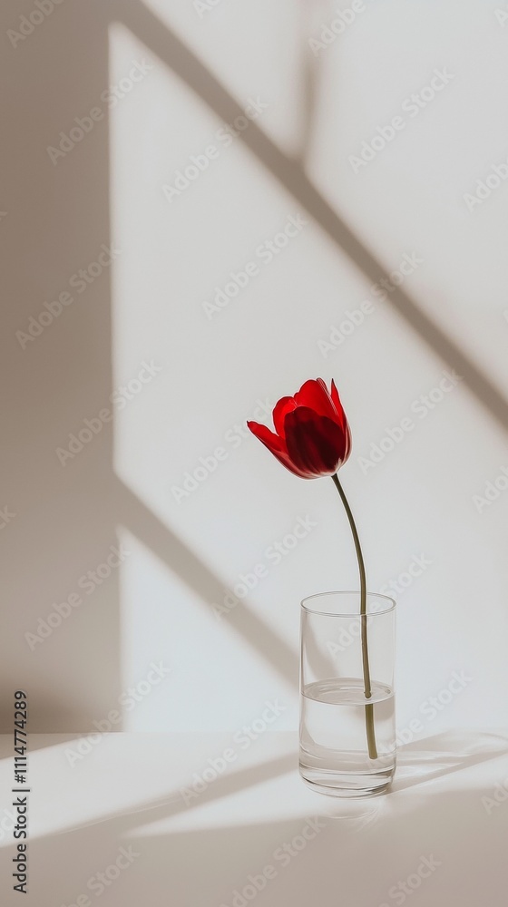 Poster minimalist composition featuring a single red tulip in a clear glass vase. illuminated by natural wi