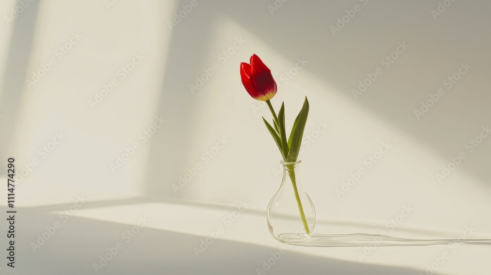 Poster minimalist composition featuring a single red tulip in a glass vase, illuminated by soft window ligh