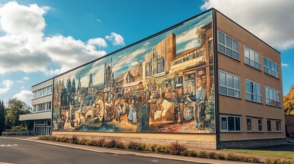 Large vibrant mural depicting historical scenes painted on the side of a building under a partly cloudy sky.