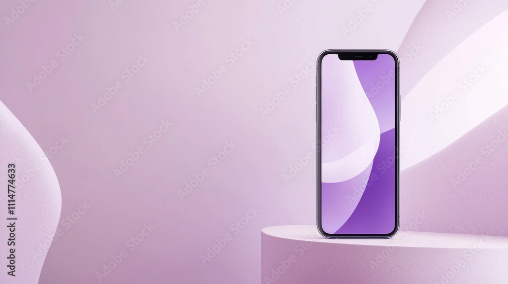 Poster modern smartphone showcasing a purple abstract design rests on a podium against a matching backdrop,