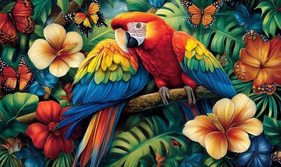 Obraz premium A vibrant mural featuring a colorful parrot surrounded by butterflies and tropical foliage. .