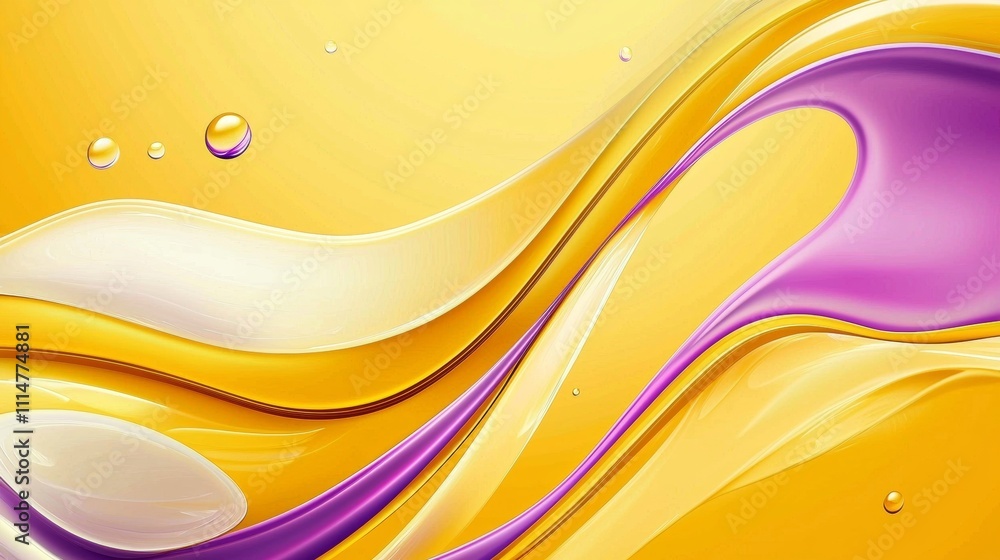 Poster smooth yellow and purple waves are creating a mesmerizing abstract pattern, with floating spheres ad