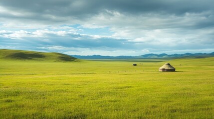 Fototapeta premium Serene Grassland Landscape with Yurts