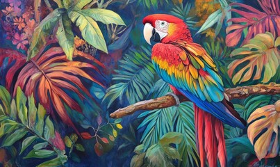 A vibrant scarlet macaw perched on a branch amidst tropical surroundings.