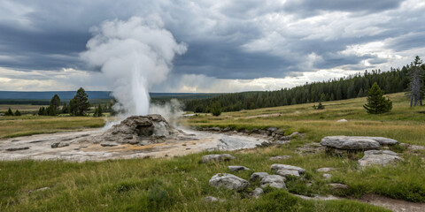 geothermal well in an open field with steam blending into the sky
