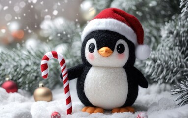 Penguin Plush Toy A soft penguin plush toy with black-and-white fur, wearing a tiny Santa hat and holding a stitched candy cane.