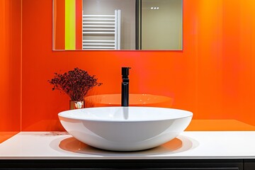 A contemporary bathroom element with a glossy white basin and a black faucet, framed by an orange accent wall