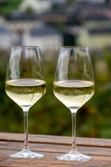Glasses of white dry riesling wine made on Moselle river valley in Germany or Luxembourg, view on terraced vineyards