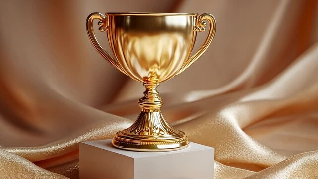 Shiny golden trophy displayed on a marble pedestal against a soft golden fabric backdrop