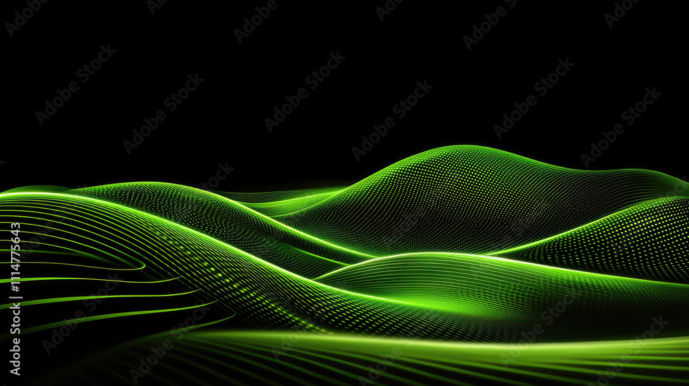 Poster abstract green lines create dynamic wave pattern on black background, evoking sense of movement and 