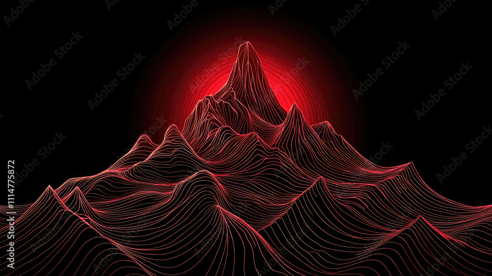 Poster dark abstract design featuring mountain landscape with red lines and glowing elements, creating stri