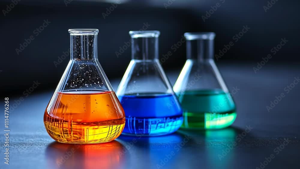 Poster colorful laboratory flasks containing liquids in vibrant hues during an experiment at a science lab