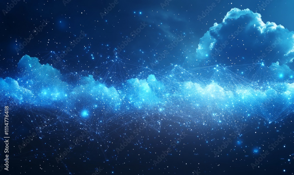 Poster an abstract light blue particle background with clouds in the sky