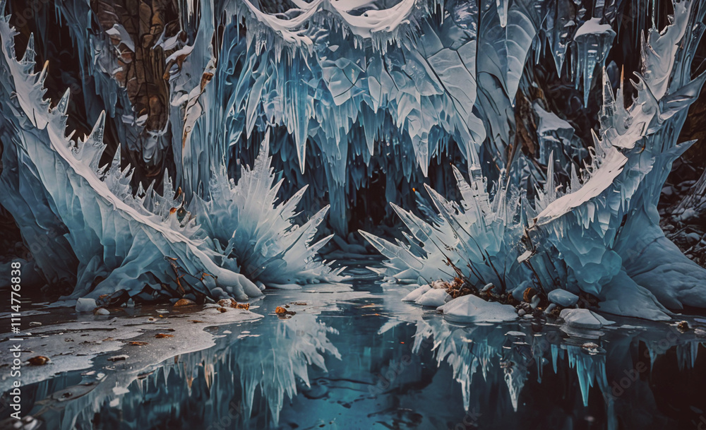 Poster frozen lake with ice formations on the surface. the ice formations are in the shape of a mouth