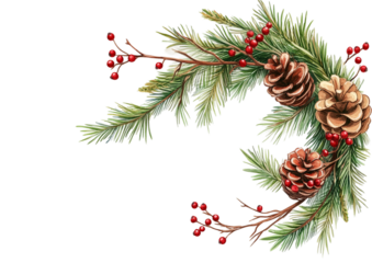 A beautiful Christmas wreath made of pine branches, pinecones, and red berries, perfect for holiday decorations and festive designs on a transparent PNG background. Copy Space for text
