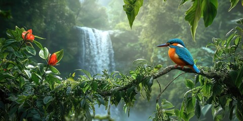 Obraz premium A small bird hops from branch to branch near a powerful waterfall, its colorful plumage contrasting with the lush green foliage in the vibrant forest scene.