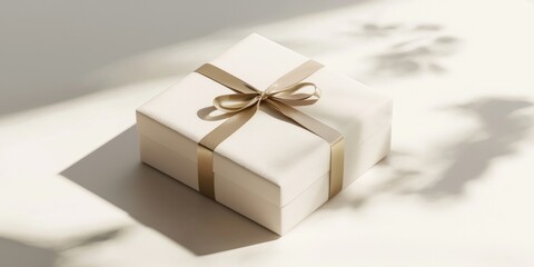 Obraz premium A minimalist gift box label with a cut-out design, featuring a soft beige background and a subtle gold ribbon graphic. The label is perfect for a wedding gift box.