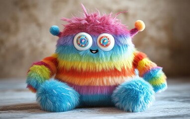 Rainbow Striped Plush Monster A colorful, rainbow-striped plush monster with soft plush fur, floppy arms, and big sparkling button eyes, looking cuddly and cheerful.