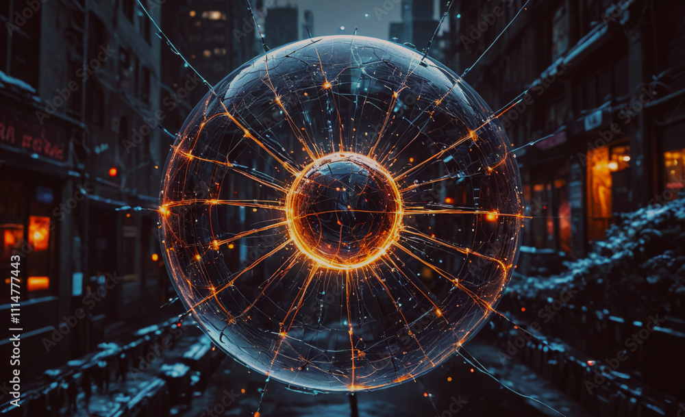 Poster glowing sphere with a black center. the sphere is surrounded by a network of lines. the sphere is in