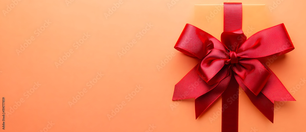 Poster top view of red ribbon rolled and red bow isolated on colored background. flat lay with copy space