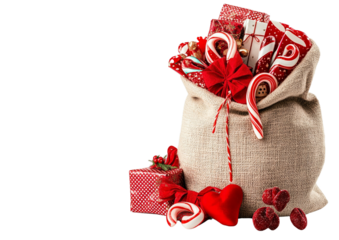 A Christmas sack overflowing with wrapped gifts, candy canes, and toys, perfect for holiday designs and festive decorations on a transparent PNG background.

