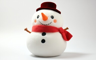 Fototapeta premium Snowman Plush Toy A soft and fluffy snowman plush toy with a red scarf, a tiny carrot-shaped nose, and a felt top hat, sitting on a clean white background.