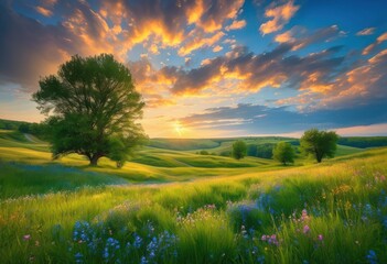 Obraz premium enchanting dramatic cloud patterns over picturesque serene landscapes under vivid blue skies lush green meadows, sky, scenery, daylight, panorama, view