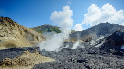 Volcanic Landscape with Steam Emitting from Crater