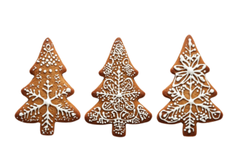 A collection of gingerbread cookies shaped like Christmas trees and snowflakes, perfect for holiday treats and festive designs on a transparent PNG background.

