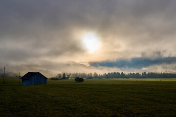 Obraz premium Misty Sunrise over Countryside Field and Forest