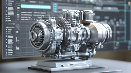 
Engineering designer design 3D CAD software program Industrial engine model mechanical dimensional digital manufacturing factory engineer computer screen. 3d rendering.