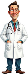 Fototapeta premium Cartoon-style depiction of a male doctor, wearing a white coat with a red tie and glasses, standing confidently against a neutral background. Isolated on transparent background.
