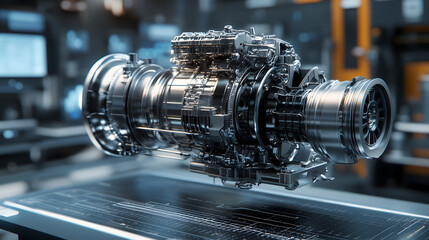 Fototapeta premium Engineering designer design 3D CAD software program Industrial engine model mechanical dimensional digital manufacturing factory engineer computer screen. 3d rendering.