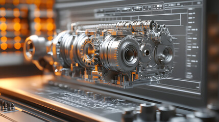 Fototapeta premium Engineering designer design 3D CAD software program Industrial engine model mechanical dimensional digital manufacturing factory engineer computer screen. 3d rendering.