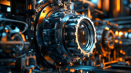 Fototapeta premium Engineering designer design 3D CAD software program Industrial engine model mechanical dimensional digital manufacturing factory engineer computer screen. 3d rendering.