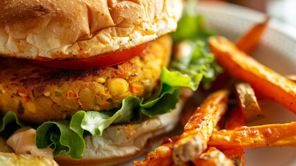 A plant-based burger with a chickpea patty, layered with vegan mayo, lettuce, and tomatoes, served with a side of sweet potato fries, perfect for a healthy indulgence.