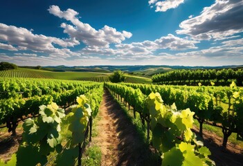 lush vibrant vineyard landscape showcasing elegant rows grapevines surrounded wine bottles glasses under bright blue sky, grapes, hills, trees, greenery