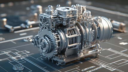 
Engineering designer design 3D CAD software program Industrial engine model mechanical dimensional digital manufacturing factory engineer computer screen. 3d rendering.