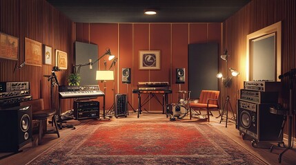 Retro music recording studio with vintage equipment, instruments, and warm lighting.