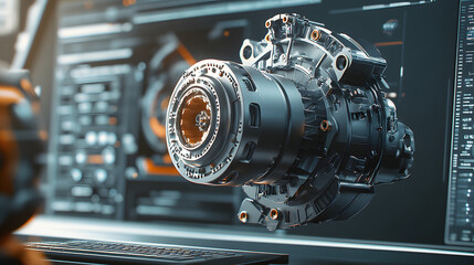 Fototapeta premium Engineering designer design 3D CAD software program Industrial engine model mechanical dimensional digital manufacturing factory engineer computer screen. 3d rendering.