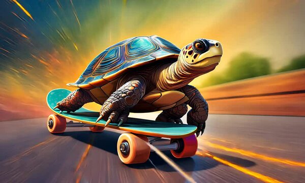 A fast turtle rides on wheels on the road. Cartoon turtle rushing at high speed. Concept: haste, slowness, lateness.