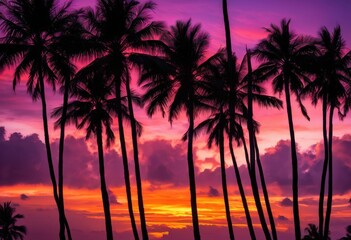 Obraz premium vibrant palm silhouette dramatic sunset backdrop enhancing tropical landscape, colorful, sky, clouds, nature, outdoor, orange, yellow, red, reflection