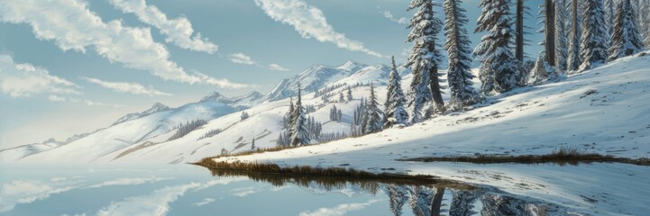 The shore of a small, mirror-like lake. The sky overhead is a delicate blue, dotted with soft, cotton-wool-like clouds. The lake is surrounded by snow-covered pines.