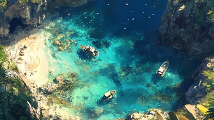 Obraz premium Secluded cove with boats, clear turquoise water, sandy beach, and lush greenery.